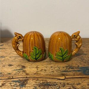 Squirrel and Leaf Salt and Pepper Shakers - Brown and Green